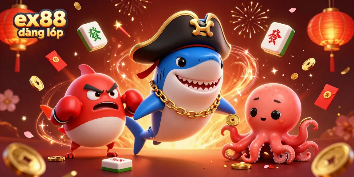 Engage with ex88 đăng nhập, a vibrant and festive online casino scene featuring cartoon characters, game elements, and golden accents.