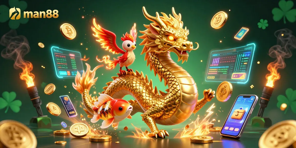 Experience thrills at man88 with a golden dragon and phoenix amidst cryptocurrency elements.