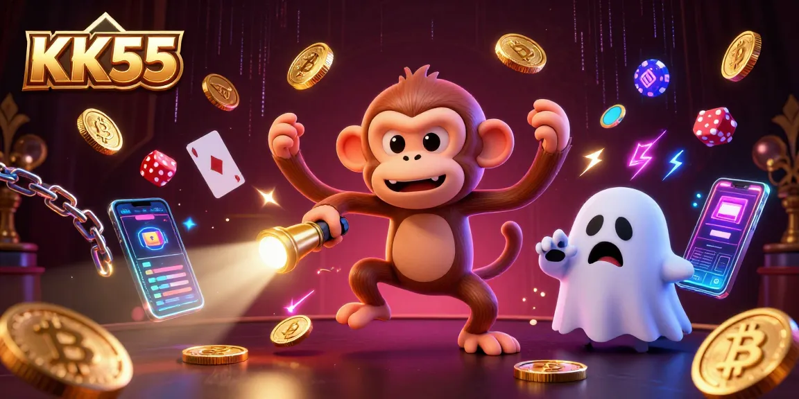 Engage in thrilling KK55 casino adventures with a ghost-hunting puppy and a mischievous monkey juggling coins.