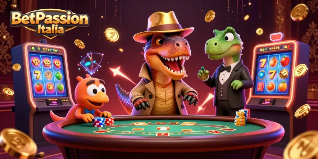 Giocatori di BetPassion Italia si sfidano in una scena di casinò affollato con un velociraptor travestito.