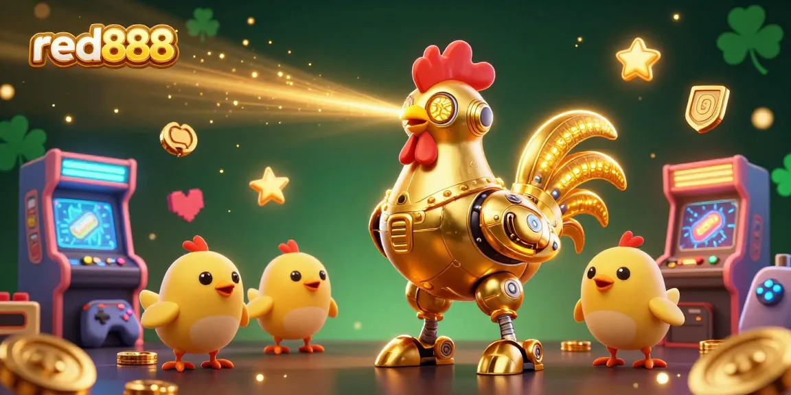 Experience the excitement of red888 with a 3D golden rooster robot and baby chick drones in a lively casino scene.