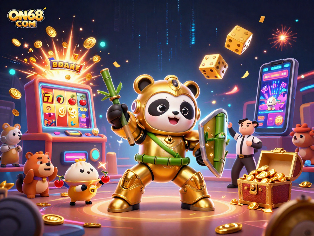 Experience the thrill of gaming at ON68 COM with our dynamic 3D casino illustration featuring engaging characters and exciting game elements.