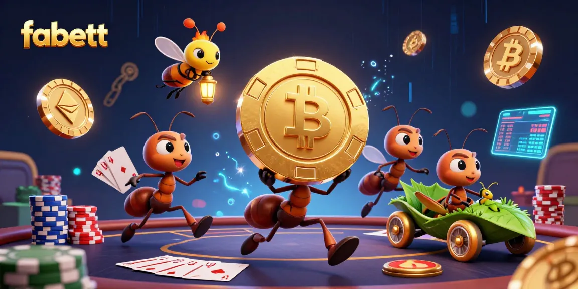 Fabett inspired cartoon heist scene featuring ants, poker elements, and crypto coins.