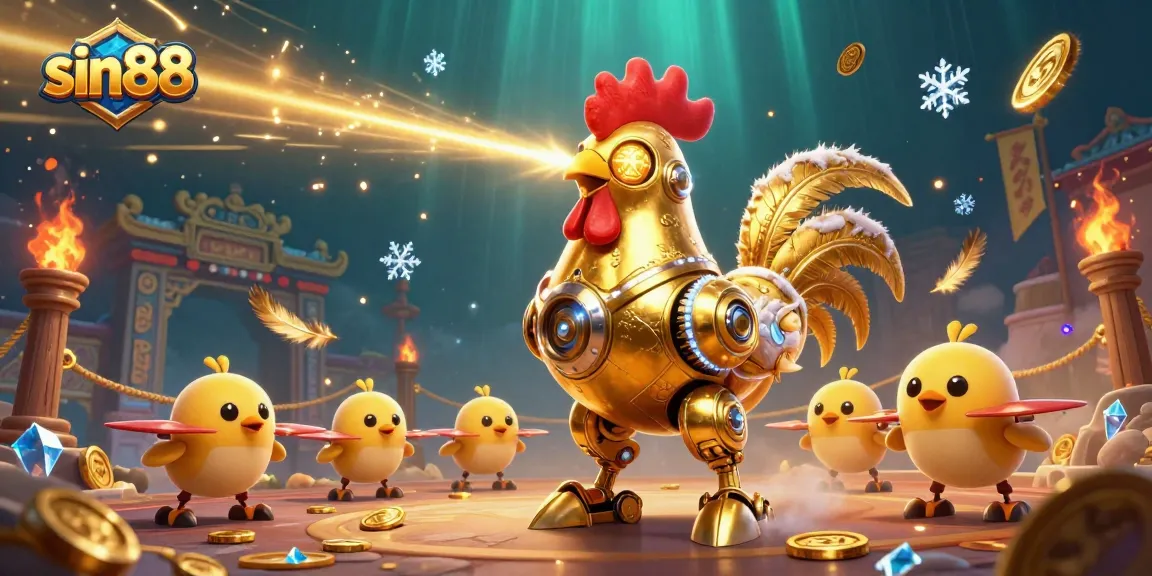 Engage in epic gameplay at sin88 with vibrant casino elements and a futuristic rooster robot.