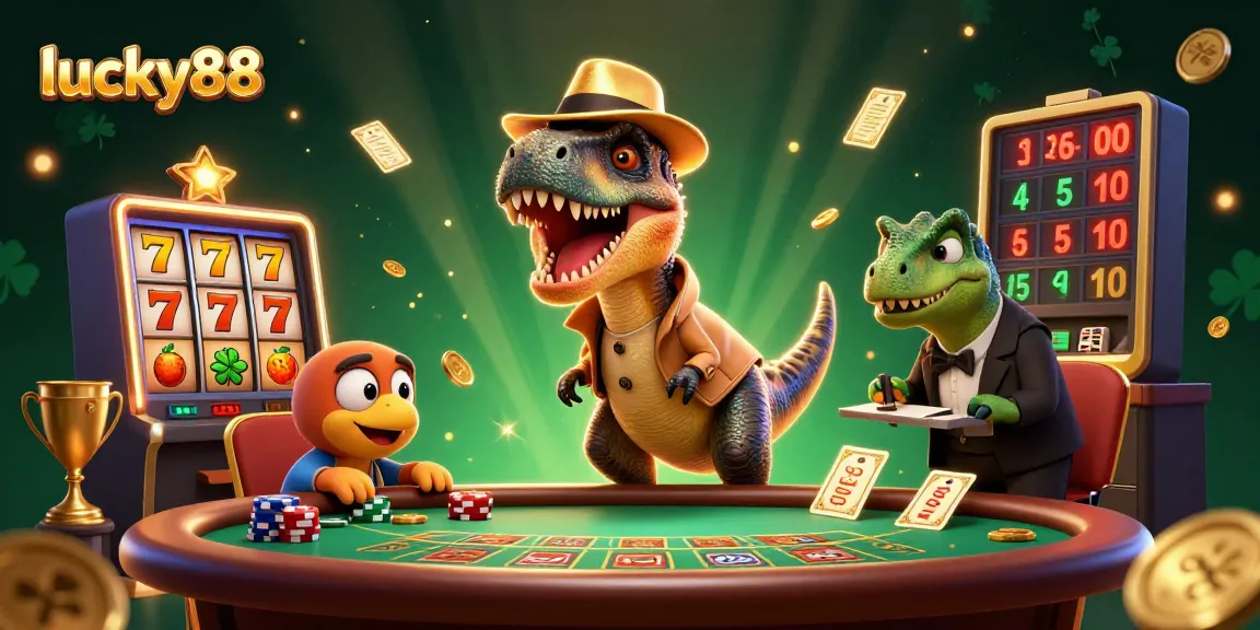 Experience thrilling gameplay with lucky88 featuring a velociraptor at a blackjack table among casino elements.