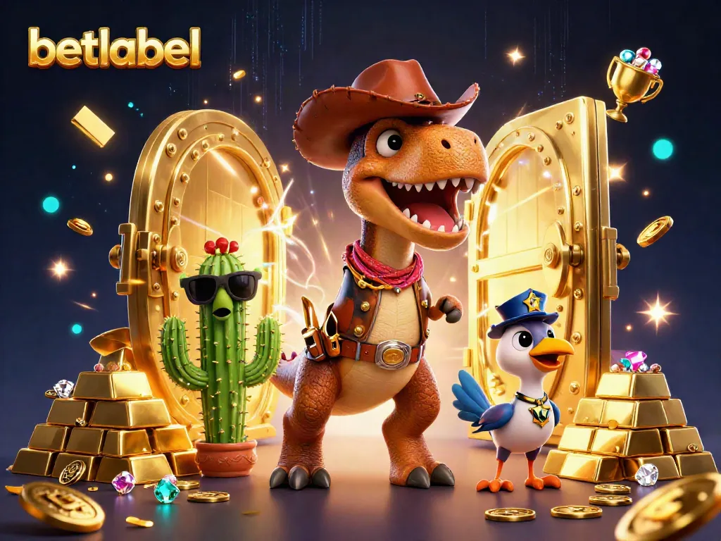 Betlabel's exciting casino scene showcases a cowboy dinosaur in a treasure-filled world