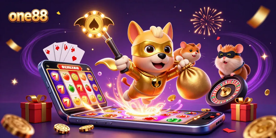 Experience winning excitement with one88 as a superhero dog flies amidst golden coins and slots!