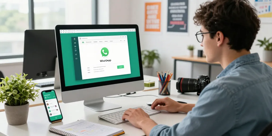 Professional using WhatsApp電腦版 in a vibrant office workspace, showcasing productivity and tech.