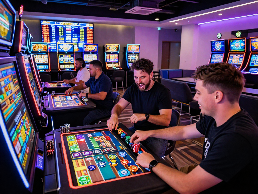 Exciting crypto casino scene with players enjoying digital slot machines and cryptocurrency trading screens.