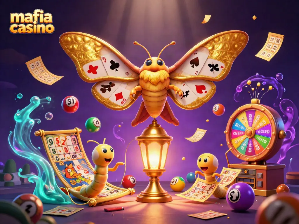 Engage with mafia casino through a vibrant, dynamic 3D illustration showcasing casino elements and playful characters.