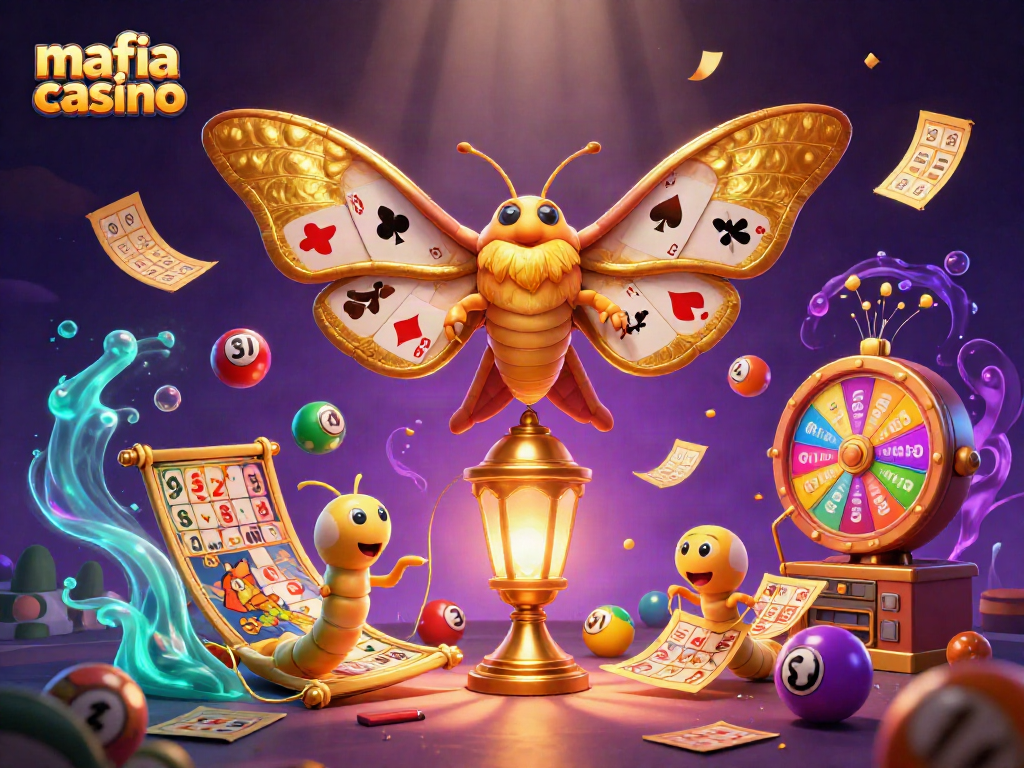 Engage with mafia casino through a vibrant, dynamic 3D illustration showcasing casino elements and playful characters.