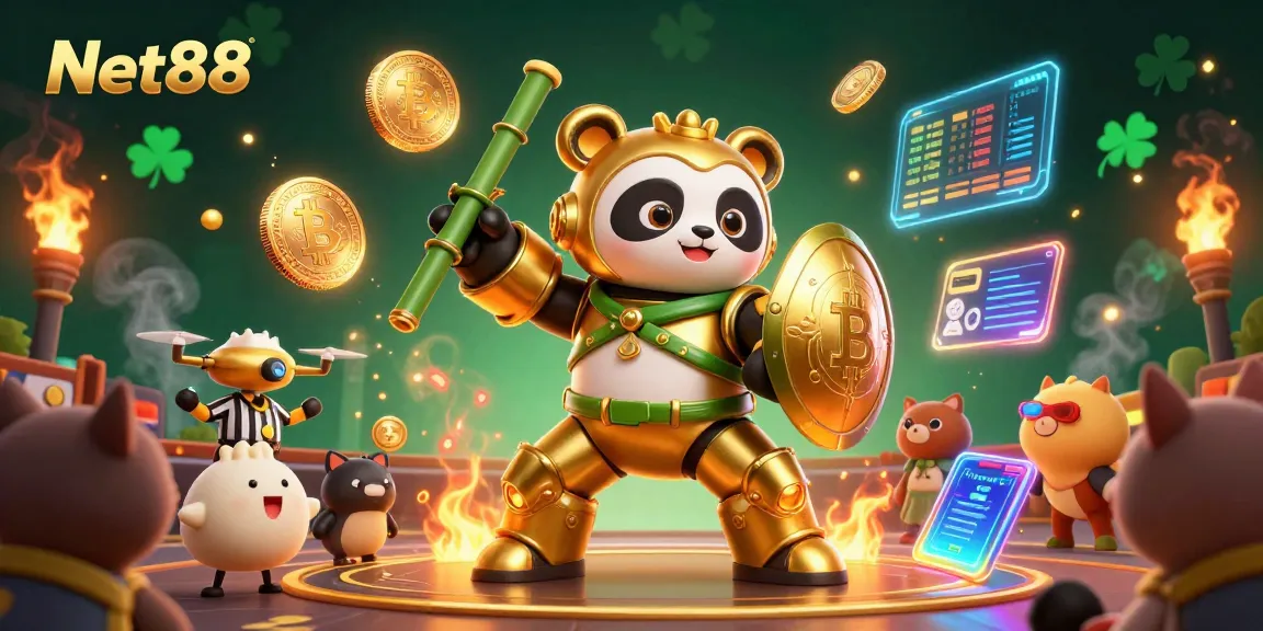 Experience the excitement of Net88 with a vibrant 3D casino scene filled with animated characters and glowing cryptocurrency elements.