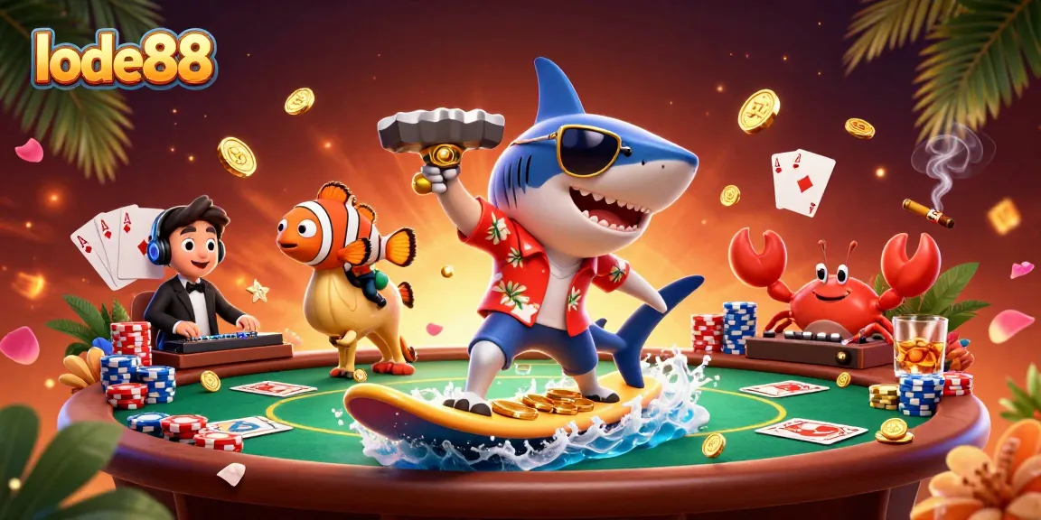 Engage with lode88's vibrant casino world, featuring shark surfing gold coins with poker elements.