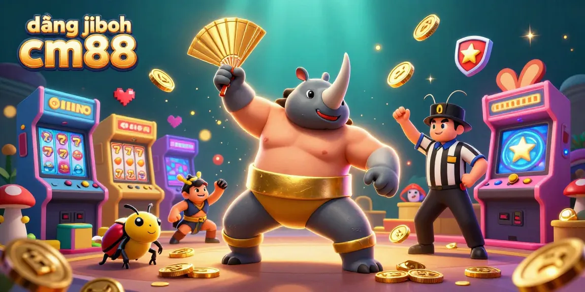 Join the action with đăng nhập cm88, featuring a cartoon rhinoceros beetle champion among vibrant slot game elements.