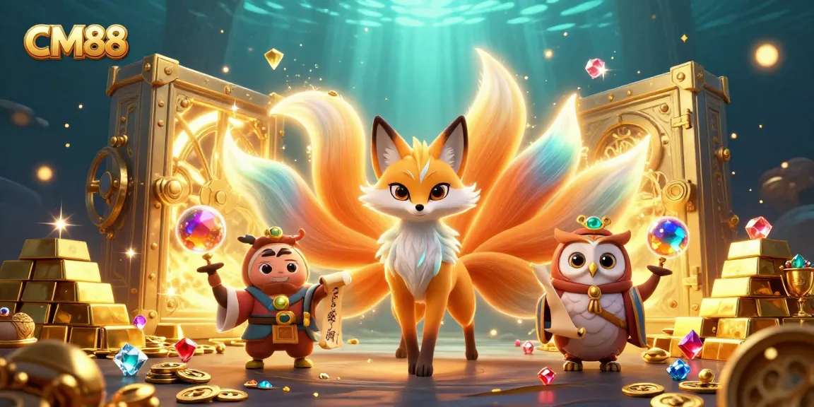 Win big with CM88 in an enchanting casino scene featuring a nine-tailed fox and treasures