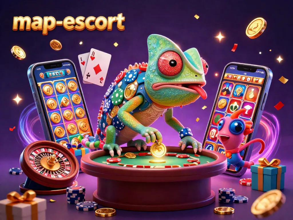 Experience the vibrant map-escort casino scene featuring a chameleon owner amidst spinning slots and golden coins.
