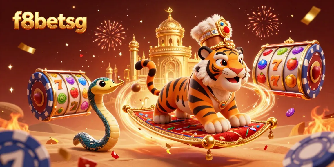 Experience thrilling gameplay with f8betsg featuring colorful slot reels and a cartoon tiger sultan in a vibrant casino scene.