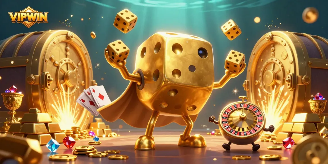 Experience the thrill of VIPWIN with a vibrant casino scene featuring golden dice golems and treasure.