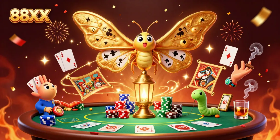 Experience the thrill of 88XX's gaming scene with a lavish 3D illustration of a moth and poker elements.