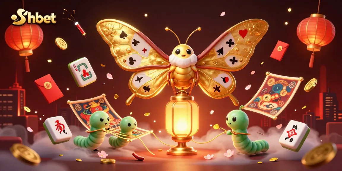 Engage with vibrant shbet gaming scenes featuring a majestic atlas moth and golden casino elements.