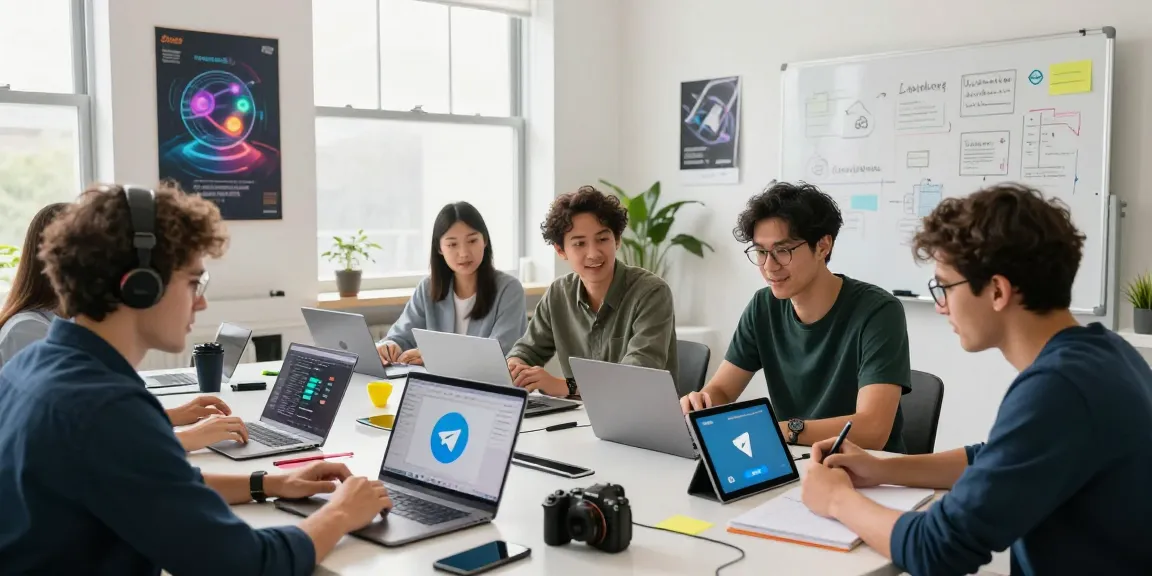 Download Telegram app interface showcased in a vibrant tech workspace during collaborative development session.