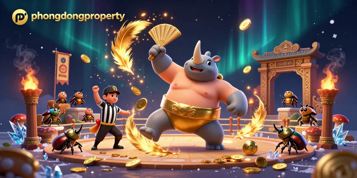 phuongdongproperty gaming arena featuring a rhinoceros beetle sumo champion amid flying coins