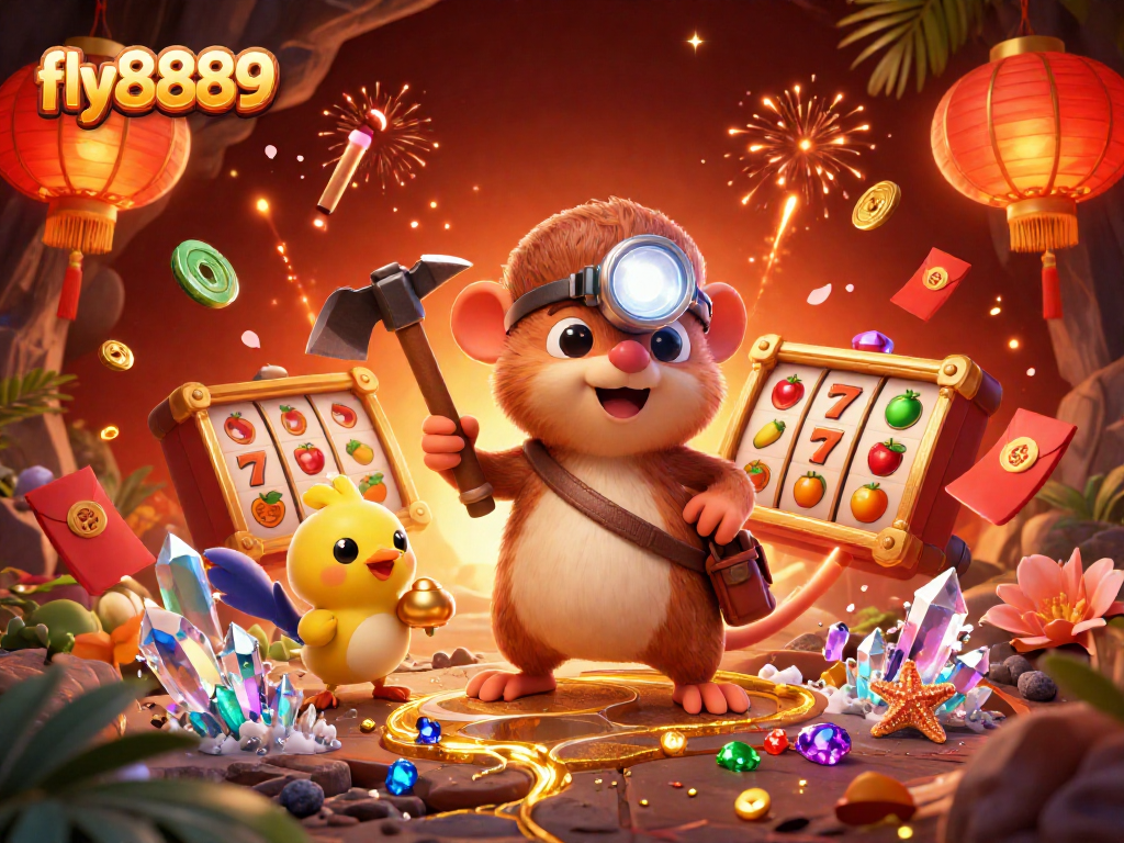 Experience the thrill of fly8889 with a 3D treasure hunting scene filled with gold and casino excitement!