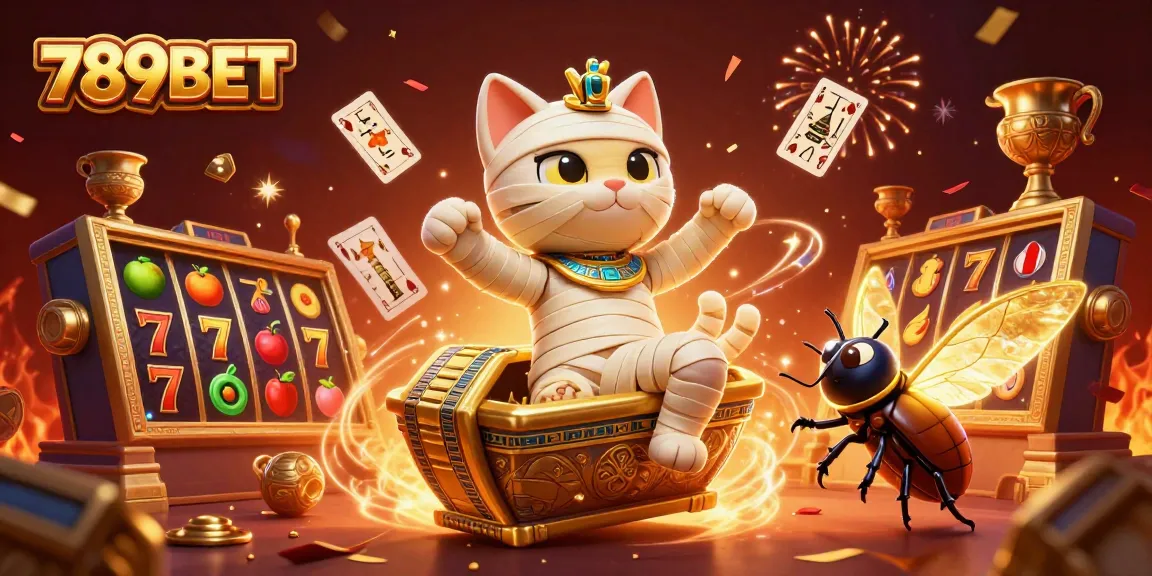 Experience excitement with 789BET as an Egyptian mummy cat and scarab beetle come alive in a vibrant casino.