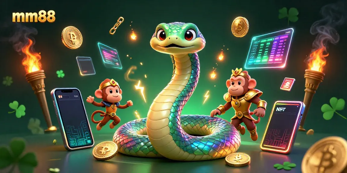 Experience the magic of mm88 with a vibrant 3D scene of a rainbow serpent and monkey king surrounded by crypto elements.