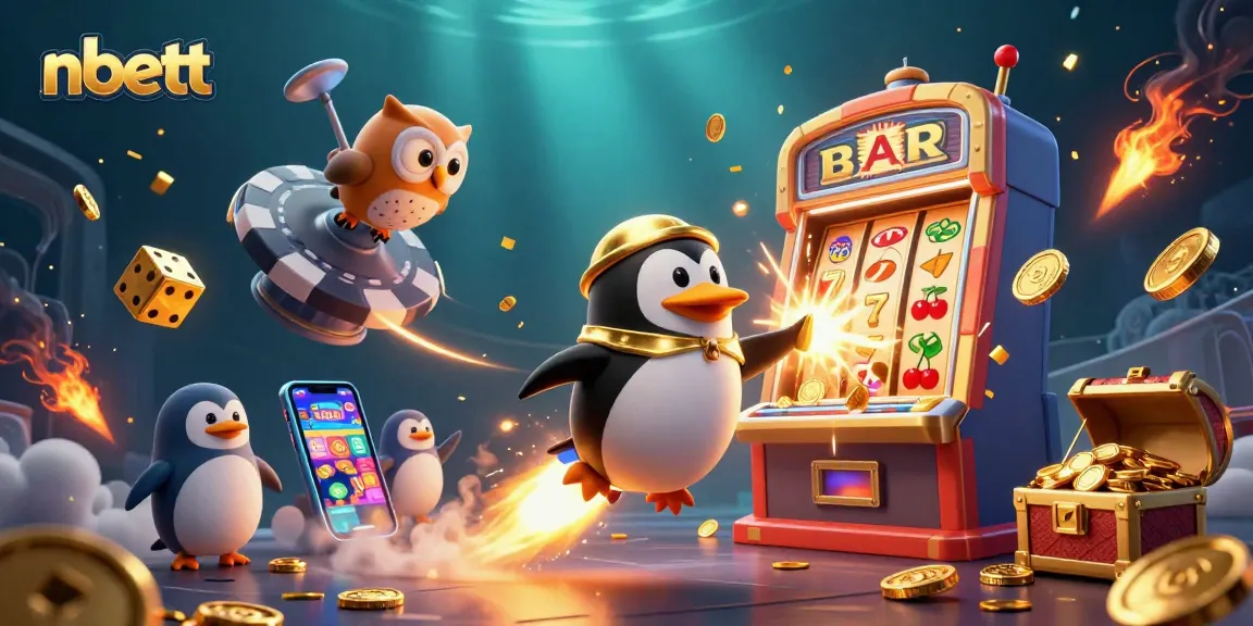 Spin to win with nbett's golden penguin blasting through casino-themed space in a dynamic 3D illustration.