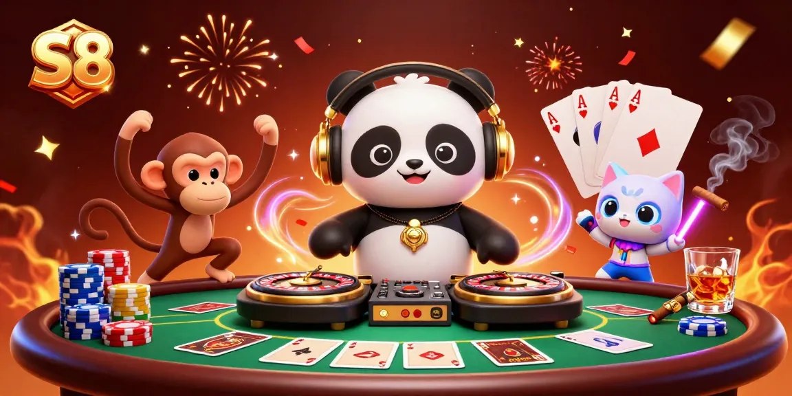 S8 showcases a lively 3D panda DJ spinning at a vibrant casino celebration with poker elements.