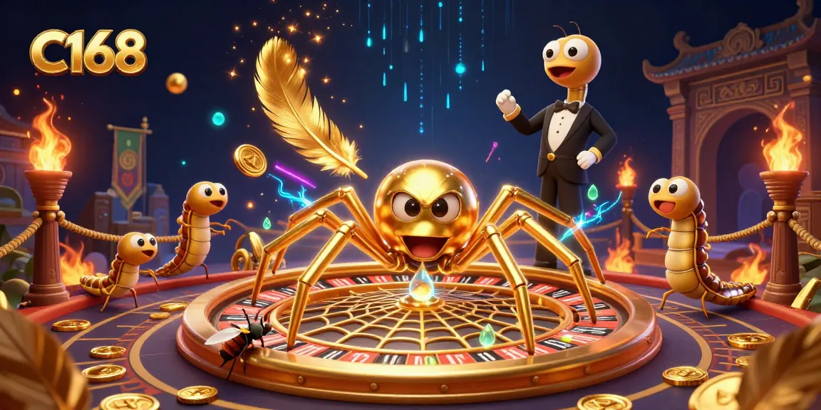C168 players engage in immersive bets at a dynamic casino scene with golden spider and centipede croupier.