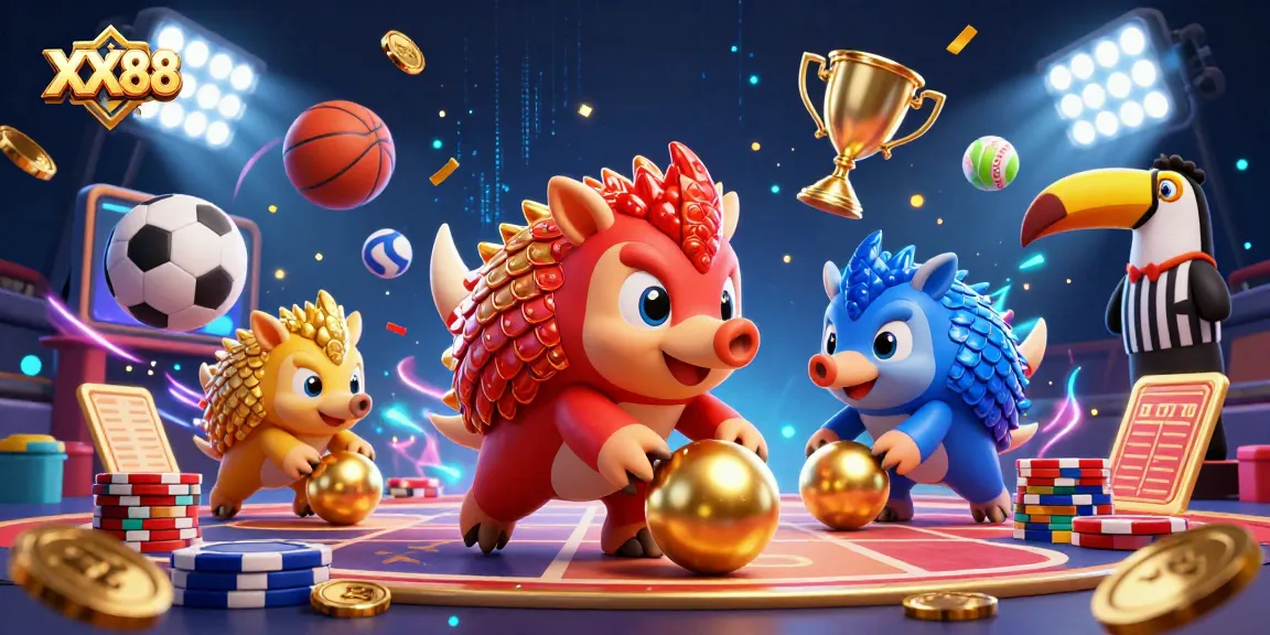 Experience thrilling gameplay at XX88 with pangolins bowling through poker chips amid dynamic sports elements.