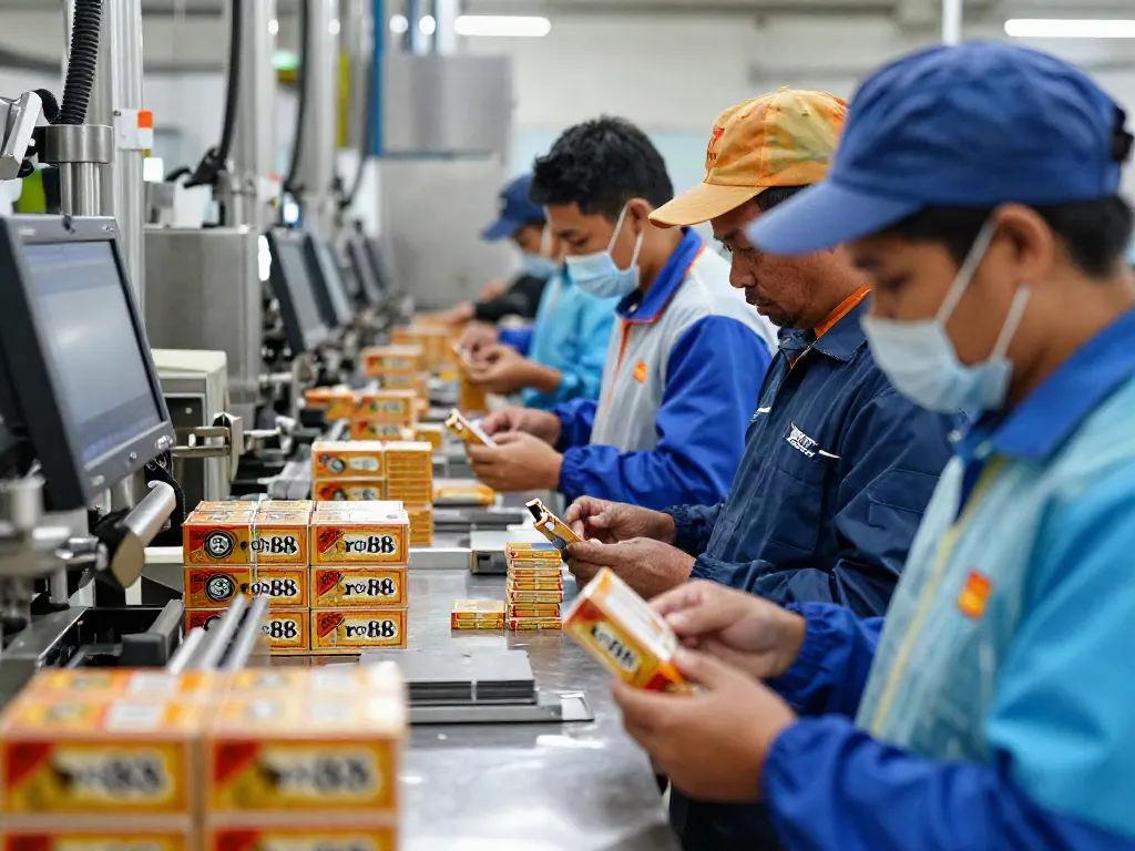 Workers in a modern tobacco factory inspecting rokok 88 cigarette packaging, emphasizing quality control.