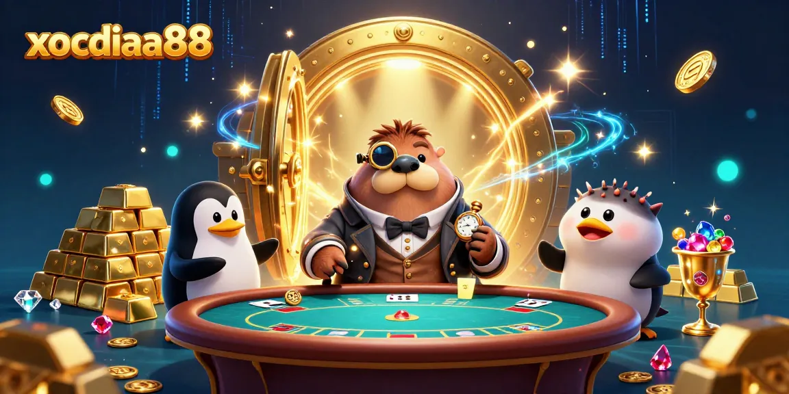 Xocdia88 showcases an underwater poker game with a walrus, penguin dealer, and a bluffing pufferfish.