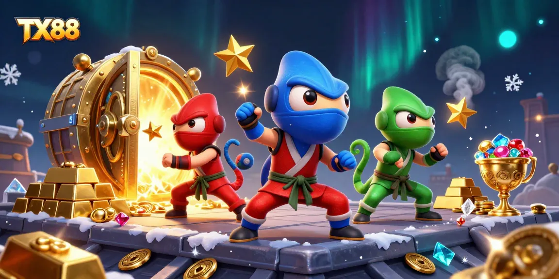 Experience the action-packed world of TX88 with ninja chameleons and sparkling treasures in this gaming illustration.