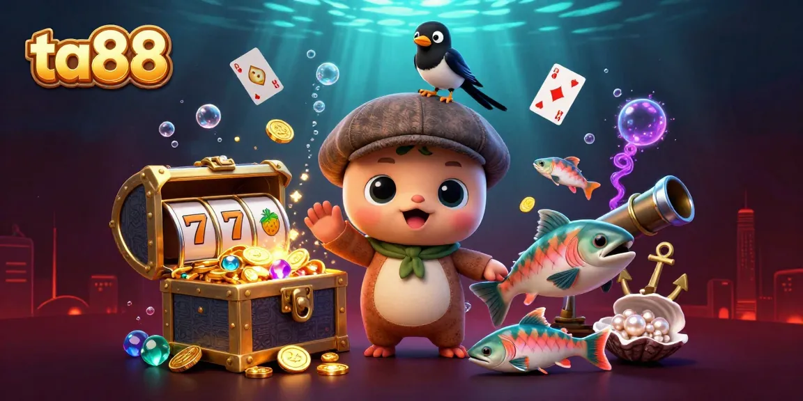 Engage with ta88's vibrant casino adventure featuring cartoon Nessie and a treasure-filled underwater scene.