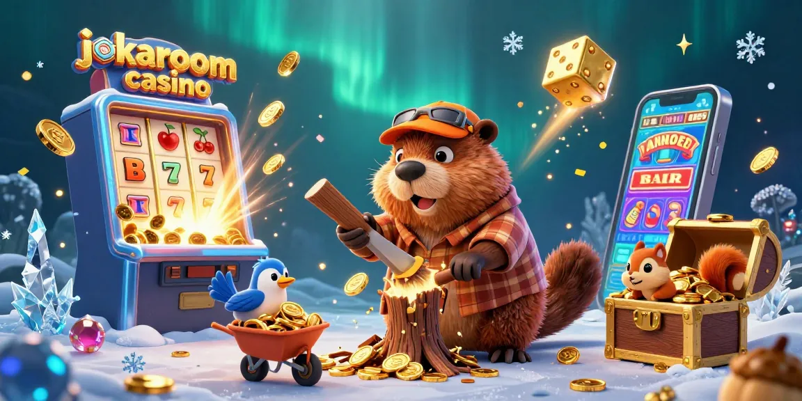 Experience excitement at jokaroom casino with a bustling scene of characters and casino elements.