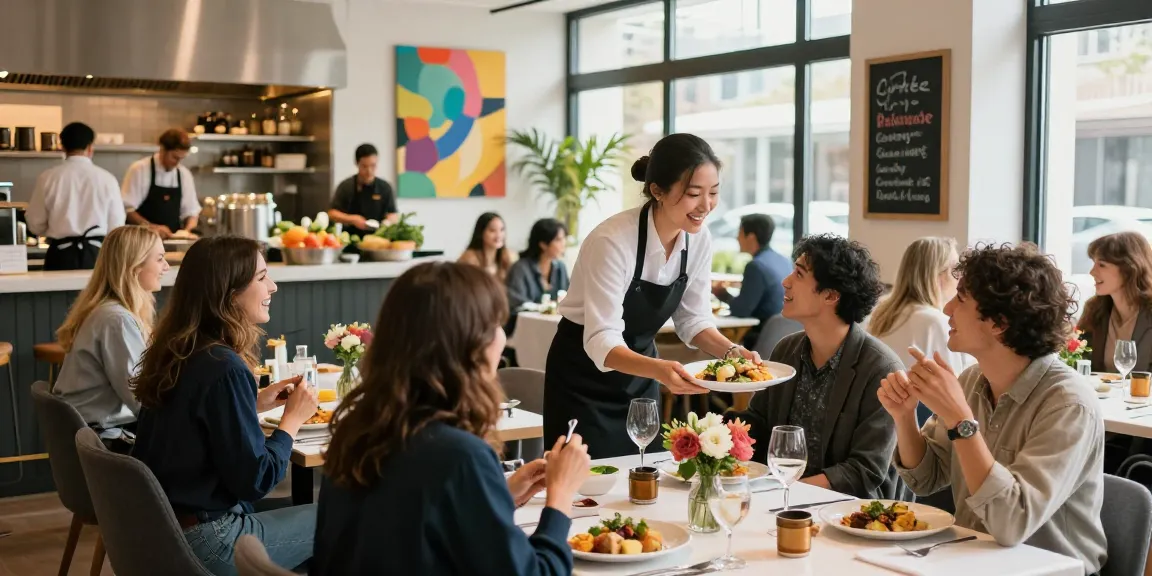 Dynamic restaurant scene highlighting merchant cash advance for restaurants, showcasing the bustling atmosphere and delighted customers.