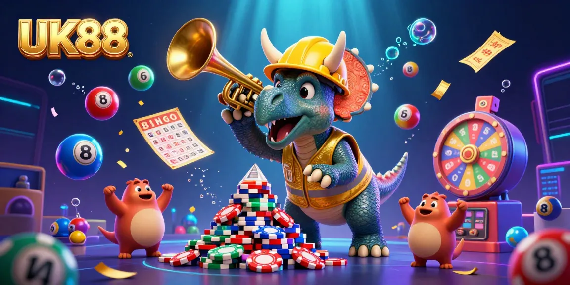 Engage in winning strategies with UK88 in this vibrant 3D illustration of cartoon dinosaurs celebrating a big win.