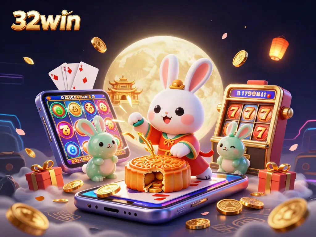 Spin to win with 32win’s vibrant casino scene featuring colorful slot games and festive elements.