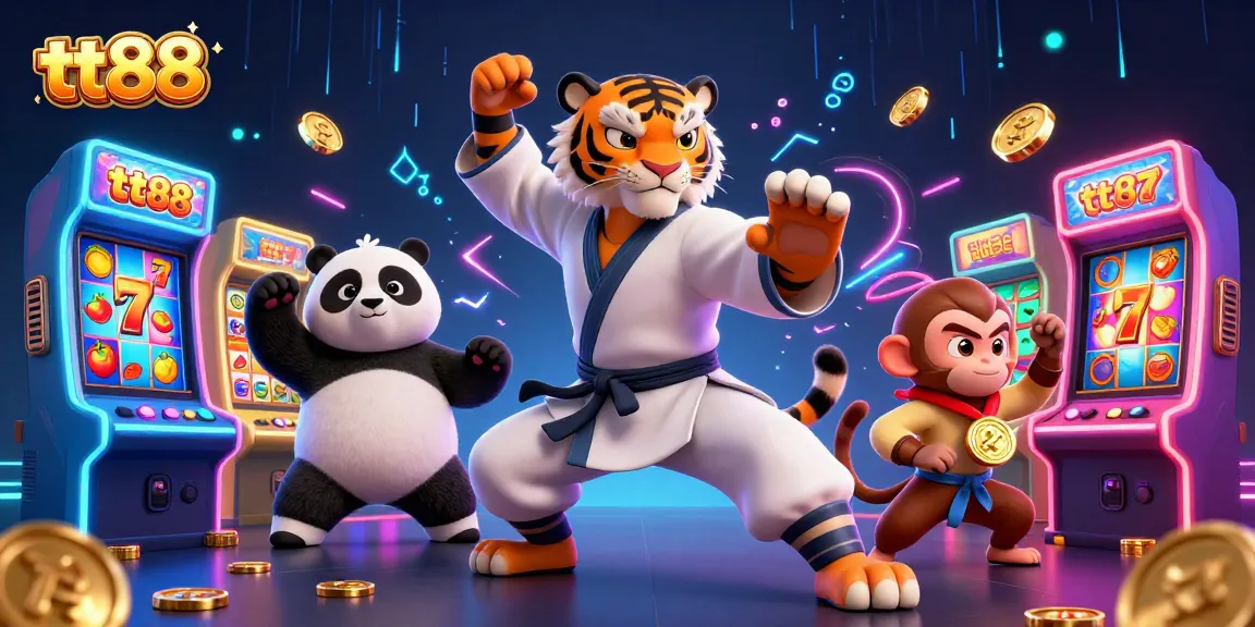 tt88 showcase with a kung fu tiger, panda, and monkey in a vibrant slot game atmosphere.