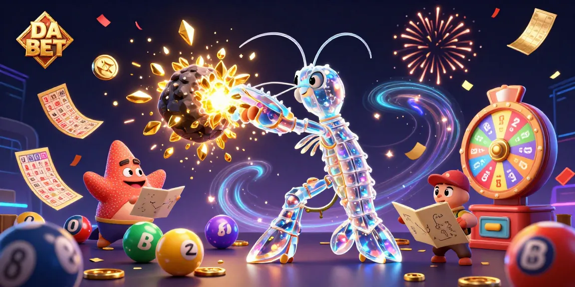 Engage with DA BET's vibrant gaming scene as a galactic mantis shrimp battles for treasure amidst lottery balls, confetti, and excitement.