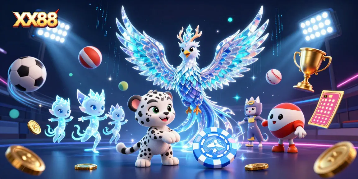 Engage with XX88's vibrant games while a cartoon ice phoenix and playful snow leopard enhance the experience.