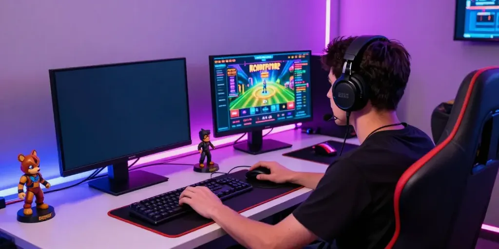 Exciting online gaming setup at https://ee88a.exposed/ showcasing dual monitors, gaming figurines, and LED lights.