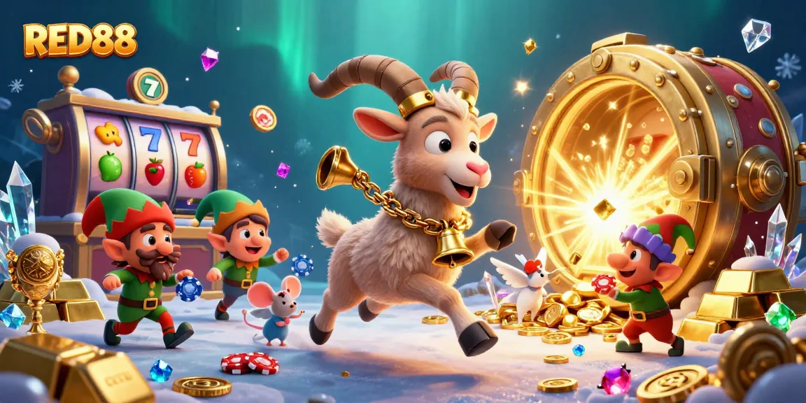 Engage with the thrilling RED88 holiday-horror casino scene featuring a Krampus goat, an angel mouse, and mischievous elf gremlins.