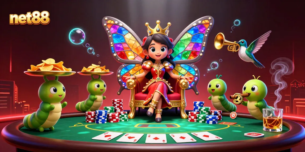 Participate in exciting games at net88 with a 3D butterfly queen and poker scene.