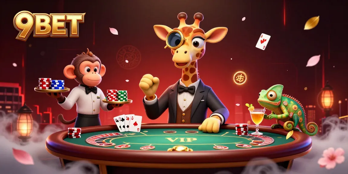 Experience thrilling moments with 9BET as a giraffe and friends enjoy a VIP poker scene.