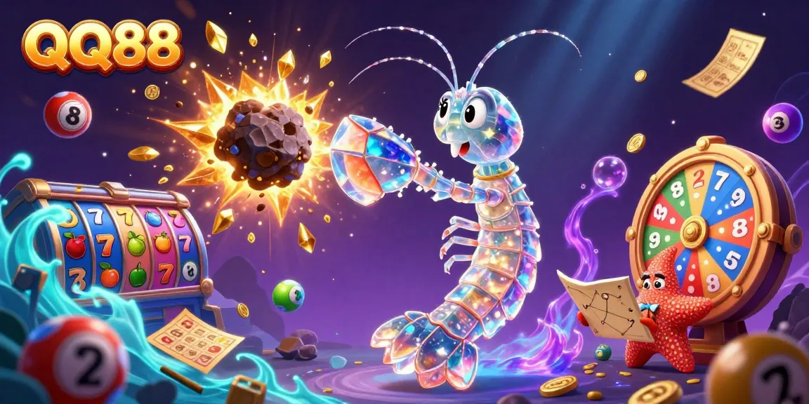 Engage in QQ88's thrilling casino experience with this vibrant 3D illustration showcasing a galactic mantis shrimp and more.