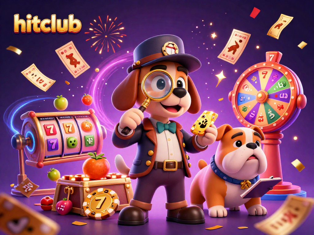 Discover thrilling rewards with hitclub, featuring a detective uncovering poker chip clues amidst vibrant casino elements.